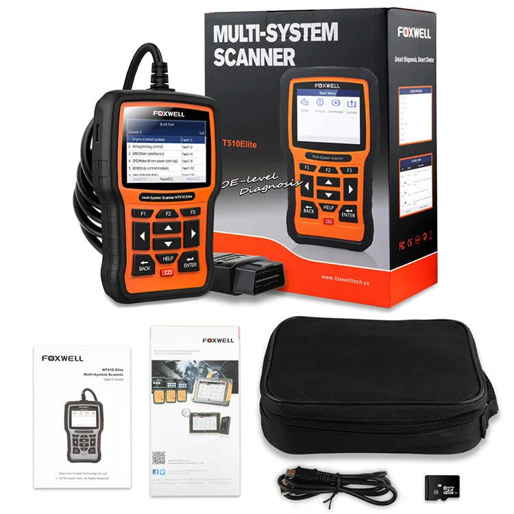 Orange and black Foxwell NT510 automotive OBD2 diagnostic scanner with data cable