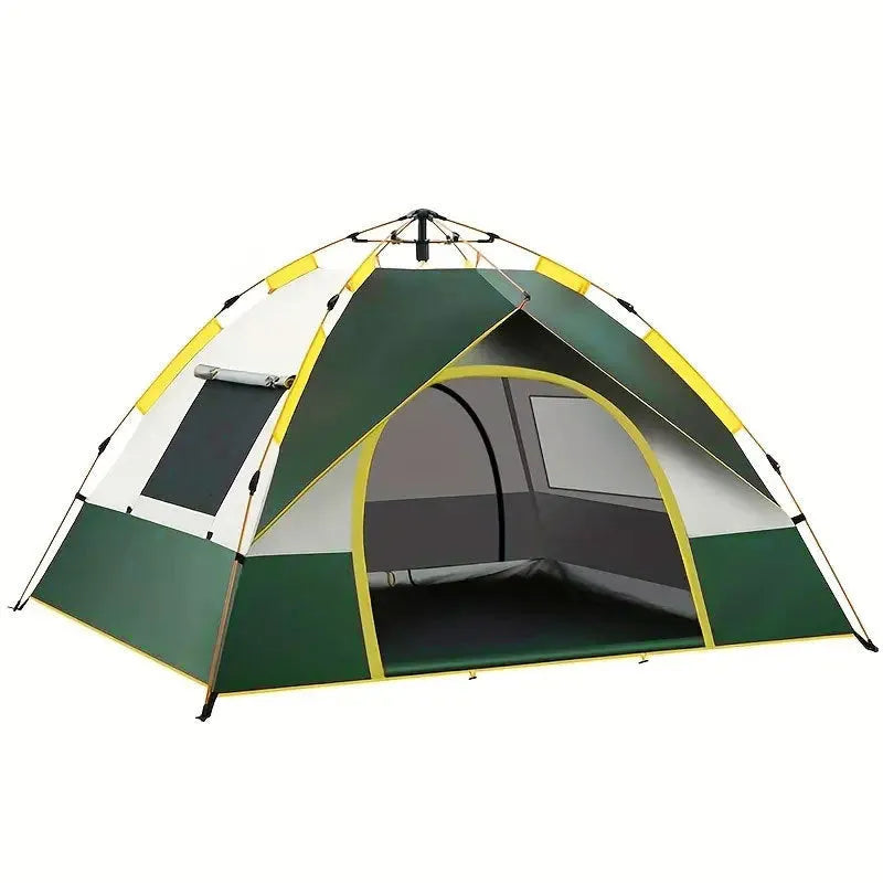 Dark green automatic pop-up camping tent for 3-4 people with quick-open design.