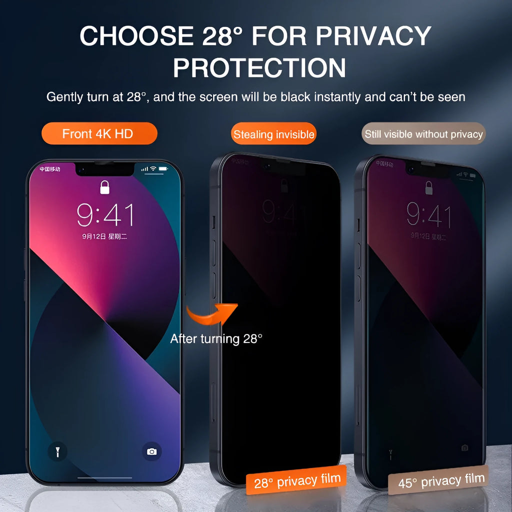 iPhone anti-peeping tempered glass screen protector showing full-screen coverage on a mobile phone.