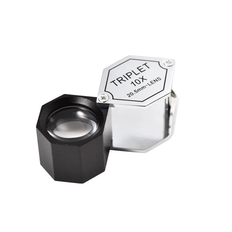 Handheld jeweller's loupe with metal frame and optical glass lenses for 10x to 30x magnification