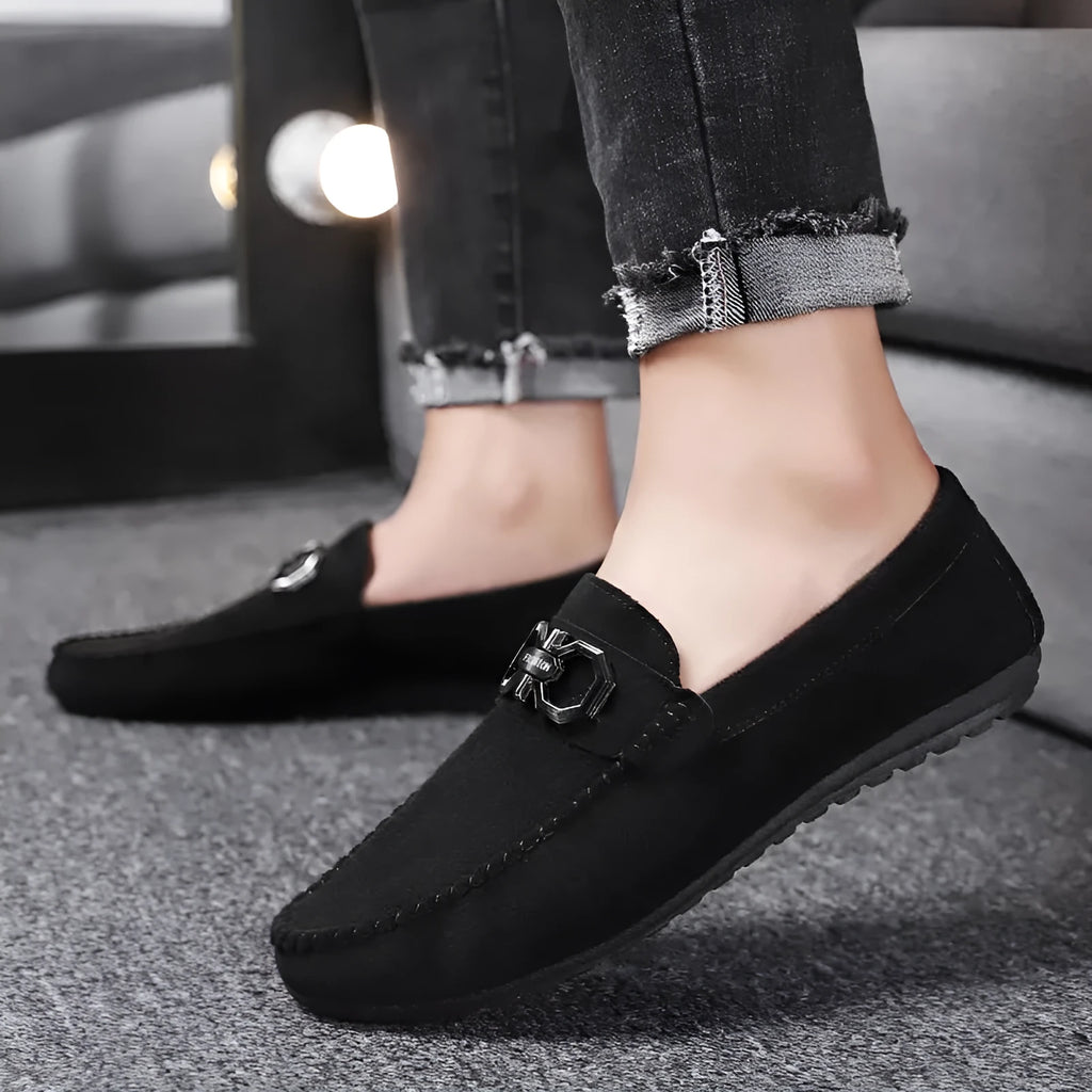 Men's black and grey suede leather casual shoes with rubber soles for summer wear