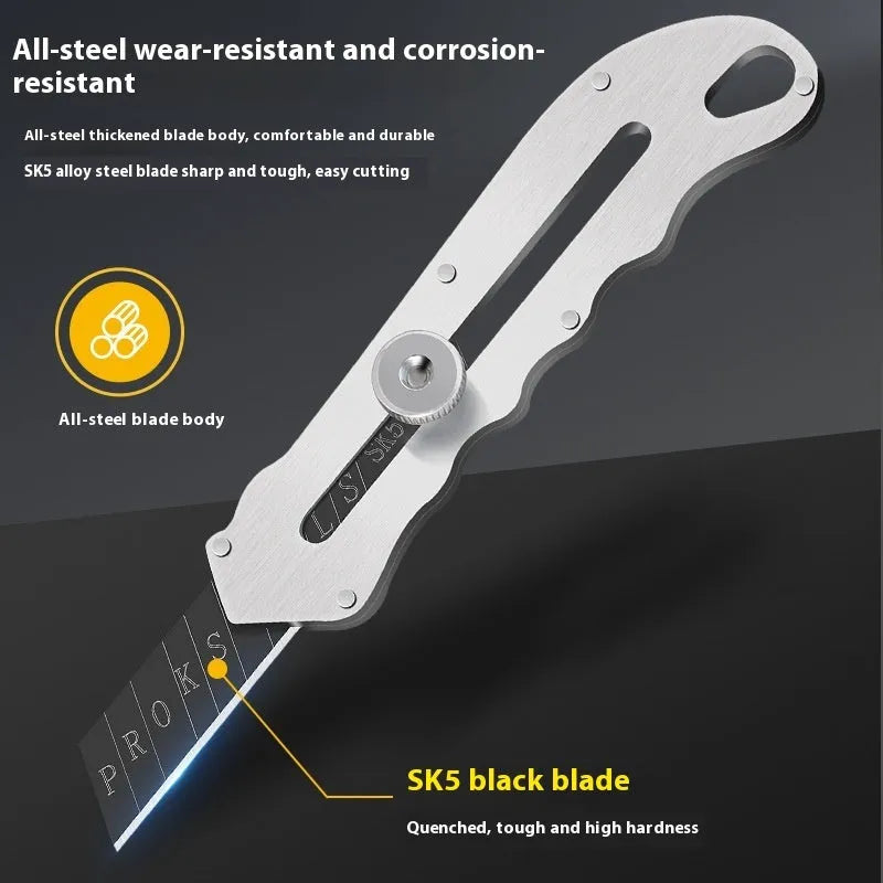 Stainless steel folding art knife with black blade and a pack of long and trapezoidal blades