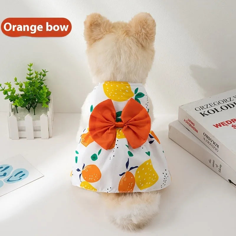 Ultra-thin floral print princess-style dress for a dog or cat, featuring a butterfly pattern and a large knot bow.