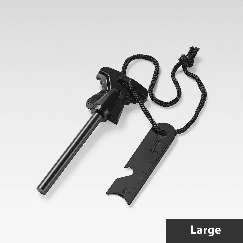 Butterfly-shaped stainless steel survival tool with firestone and bottle opener measuring 117mm