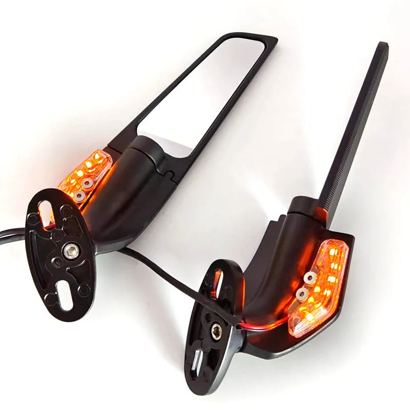 SH-620-5 motorcycle rearview mirror reflector with integrated yellow light, showing aluminium alloy body and convex glass lens