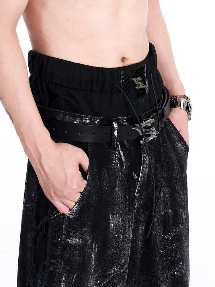 Black men's two-layer cowhide leather belt with metal letter buckle, shown at 110cm length.