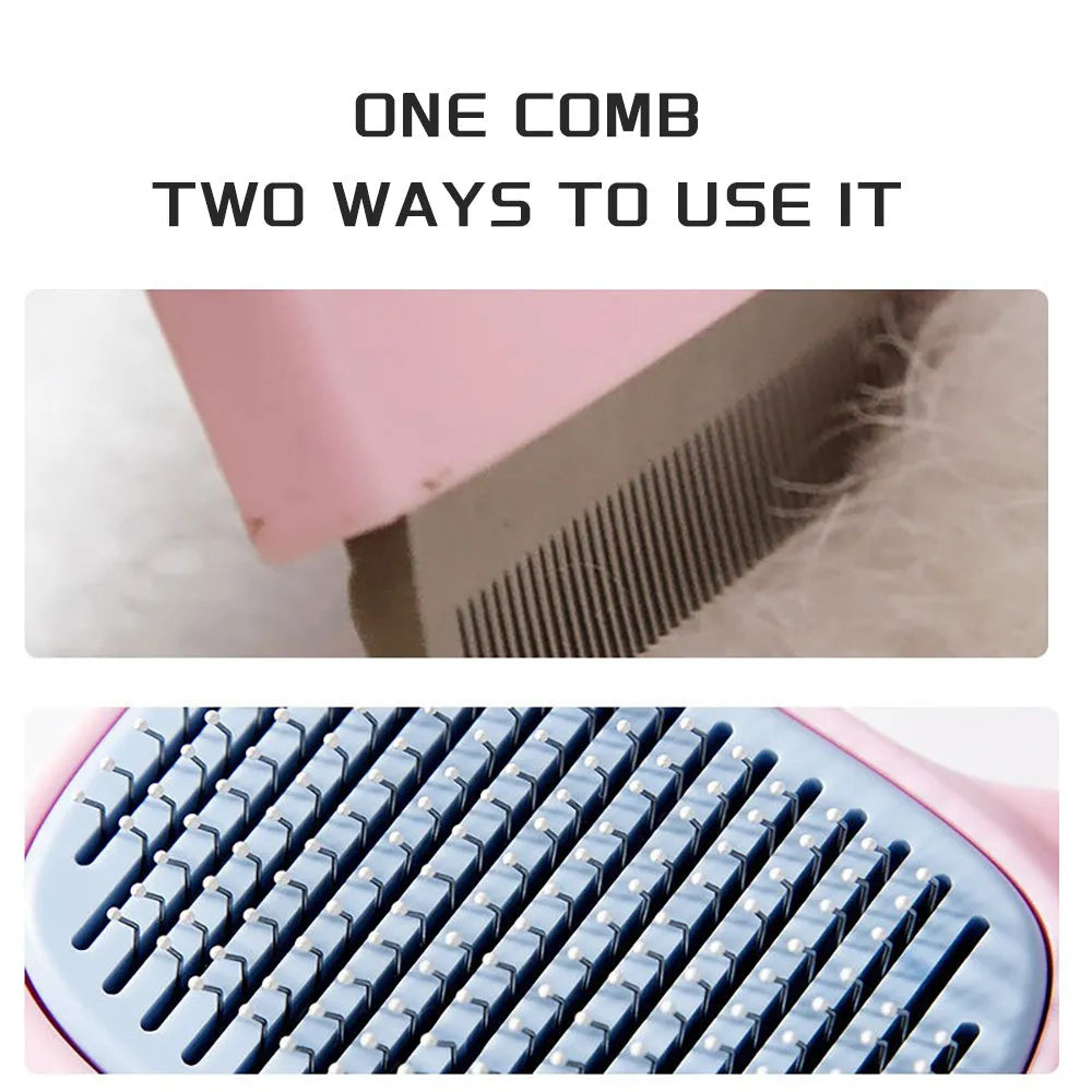 Red double-sided pet deshedding brush with dematting comb on a white background.