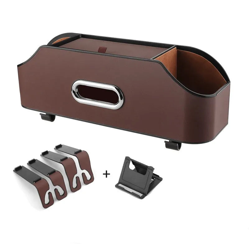 Genuine leather car tissue box and cup holder organiser in black, suspended from a headrest.