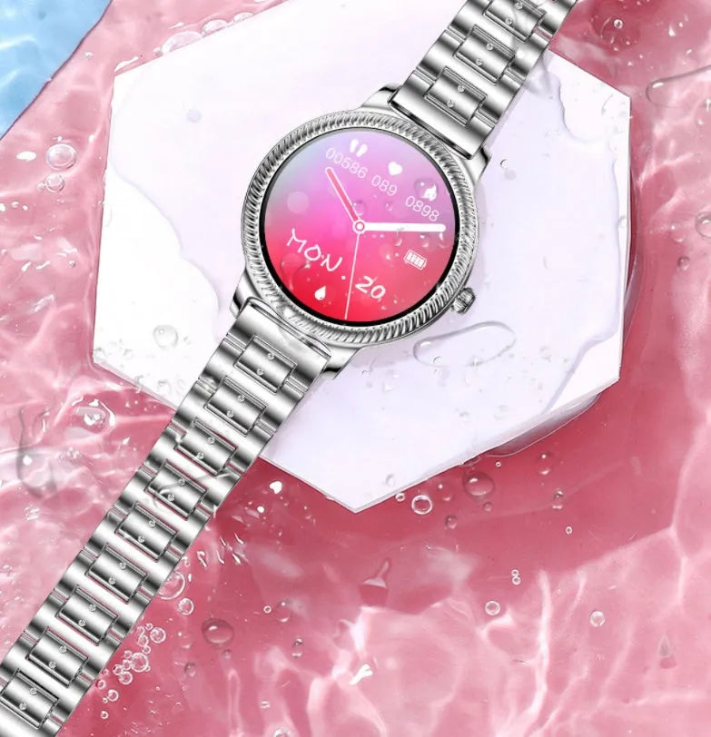 AK38 ladies smart watch with stainless steel wristband and 1.09 inch TFT colour screen
