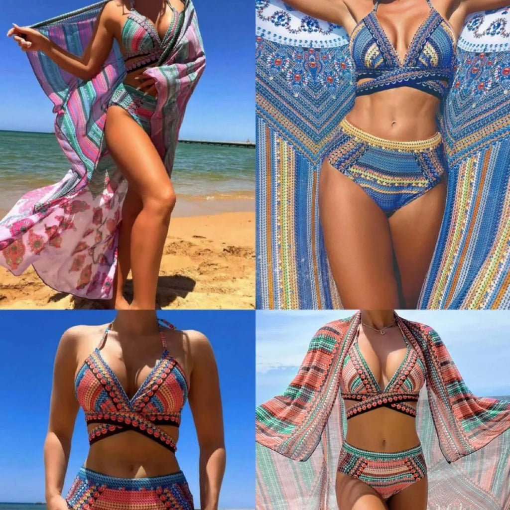 Blue red cross bandage high-waist bikini swimsuit three-piece set for adult women