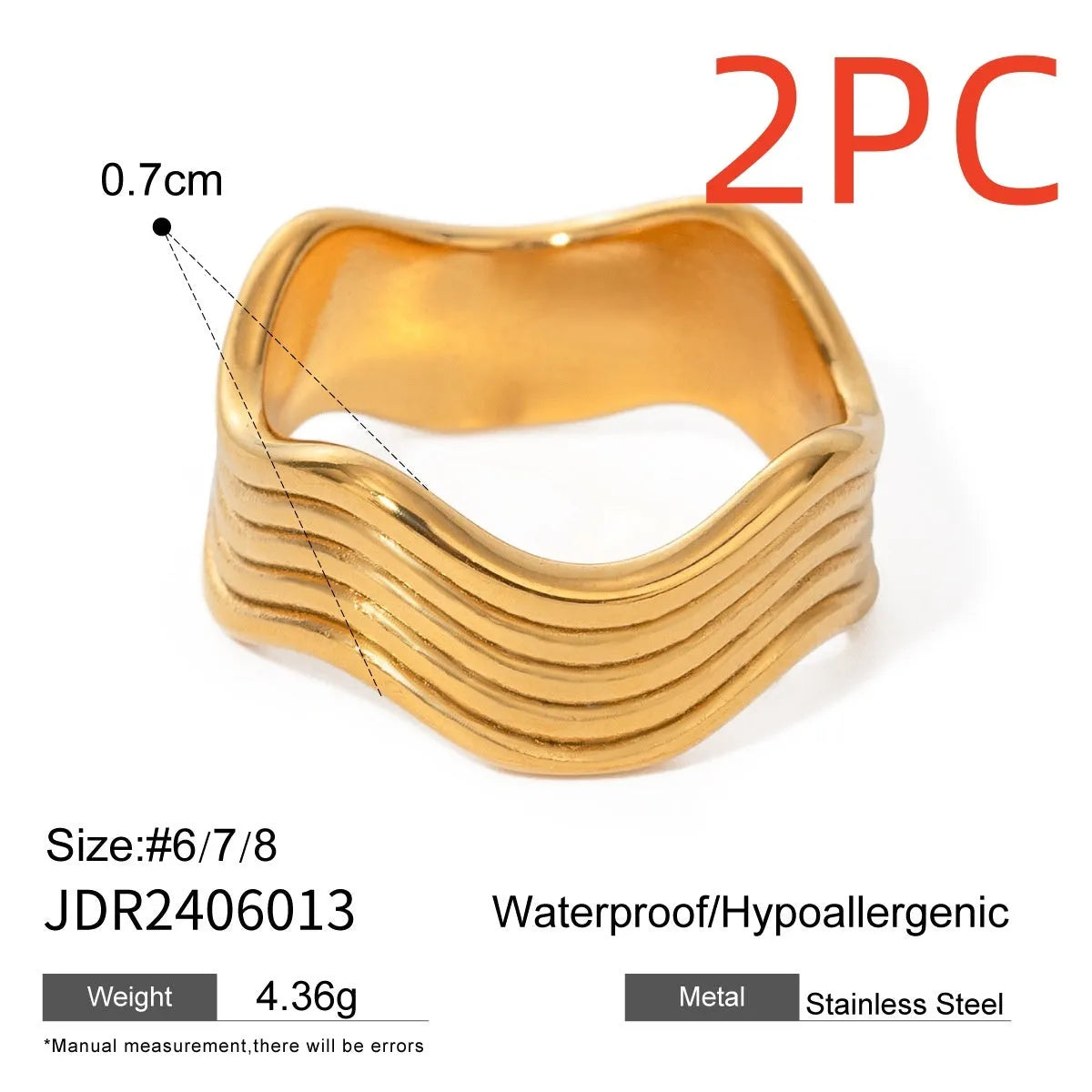 Stainless steel geometric wave ring for women with a wide surface area and electroplated finish.
