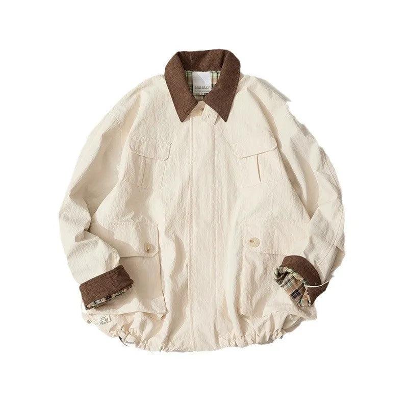 Green and apricot contrast colour casual jacket with side seam pockets on mannequin