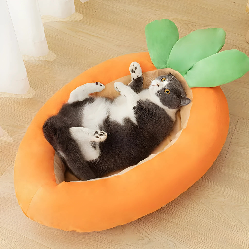 Carrot-shaped double-sided cloth pet mat for cats and dogs in carrot colour.