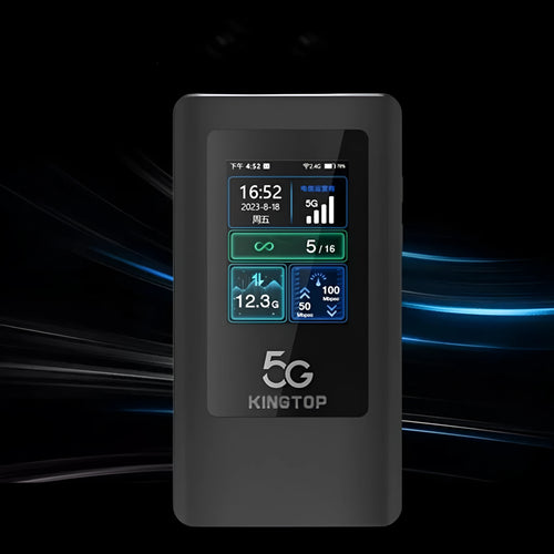 Black portable 5G Wi-Fi router showing LCD display and compact size next to charging cable
