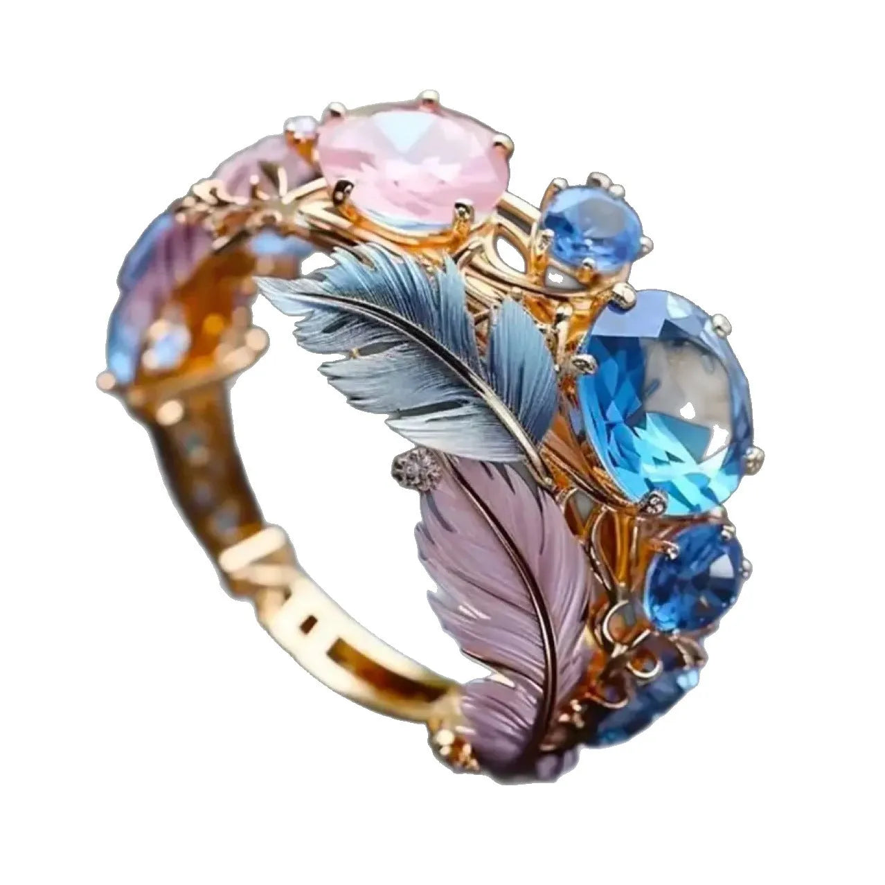 Gold brass ring with embossed feather design and zircon stones in geometric shape