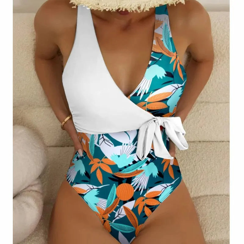 Women's high-waist one-piece swimsuit with printed pattern in quick-drying polyester fabric