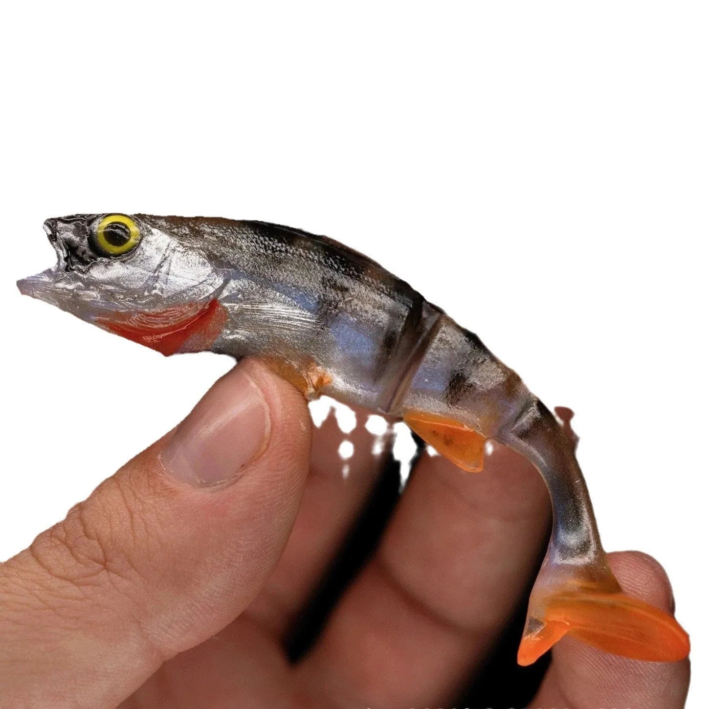 Soft sea fishing lure with T-tail design in natural fish colours showing textured scales and detailed fins