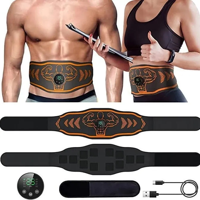 Blue and orange EMS smart massage belt with host unit, main belt, and arm stickers