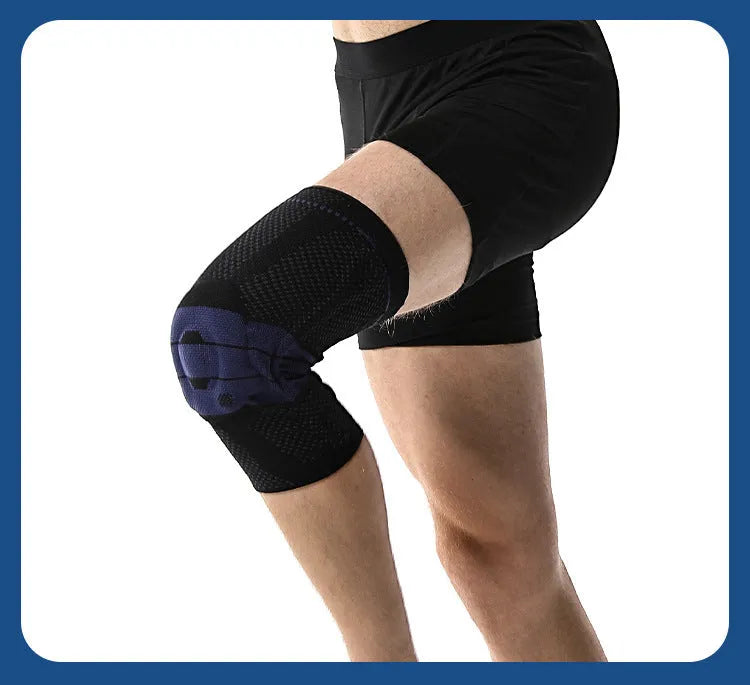Adult sports kneepad in black and blue colours showing knee protection design