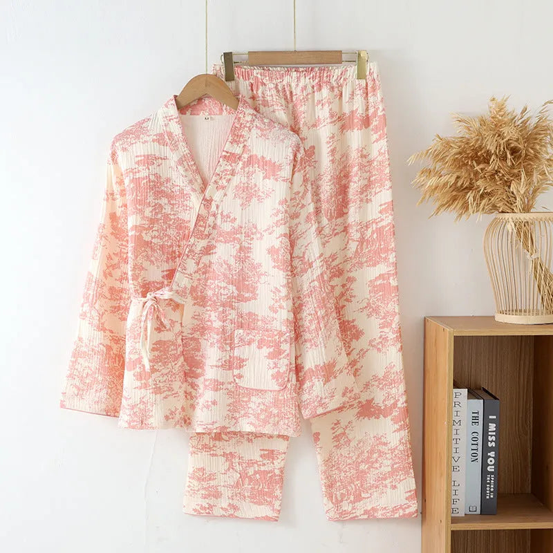 Women's cotton gauze homewear set with long sleeve top and lace-up trousers in frosted pine tree colours