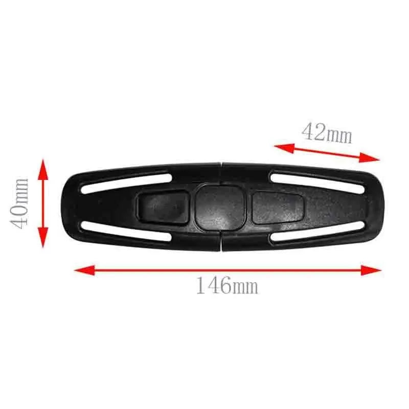 Black nylon child safety seat belt clip buckle measuring 14.5 by 4 centimetres