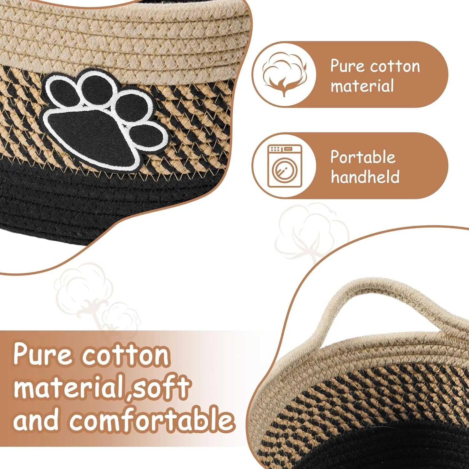 Small light beige handwoven cotton rope storage basket with wooden elements and handle