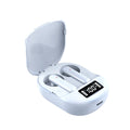 Black and white wireless Bluetooth in-ear headphones with a digital display, shown next to their charging case.