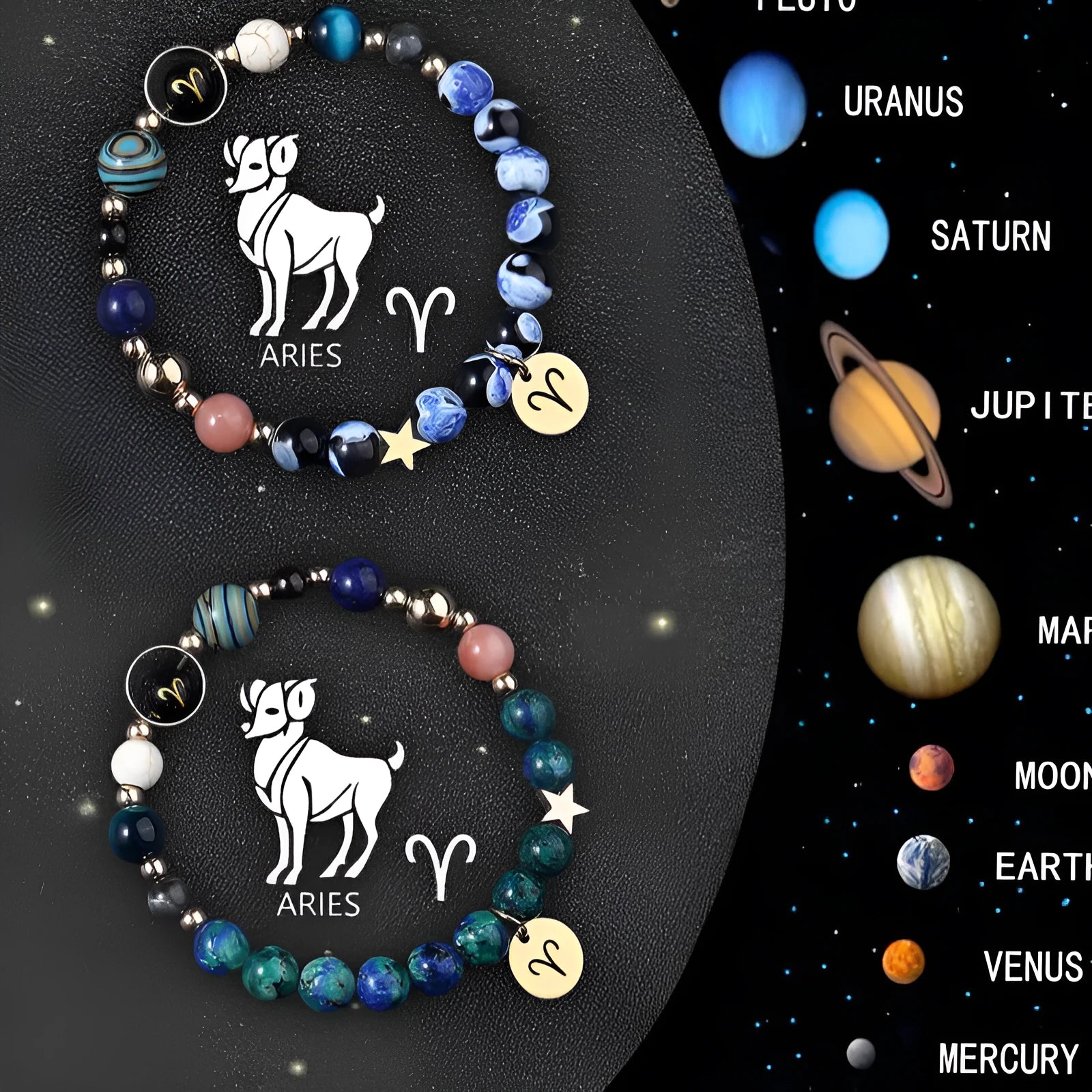 Natural stone zodiac bracelet set showing twelve astrology sign designs with mineral bead construction