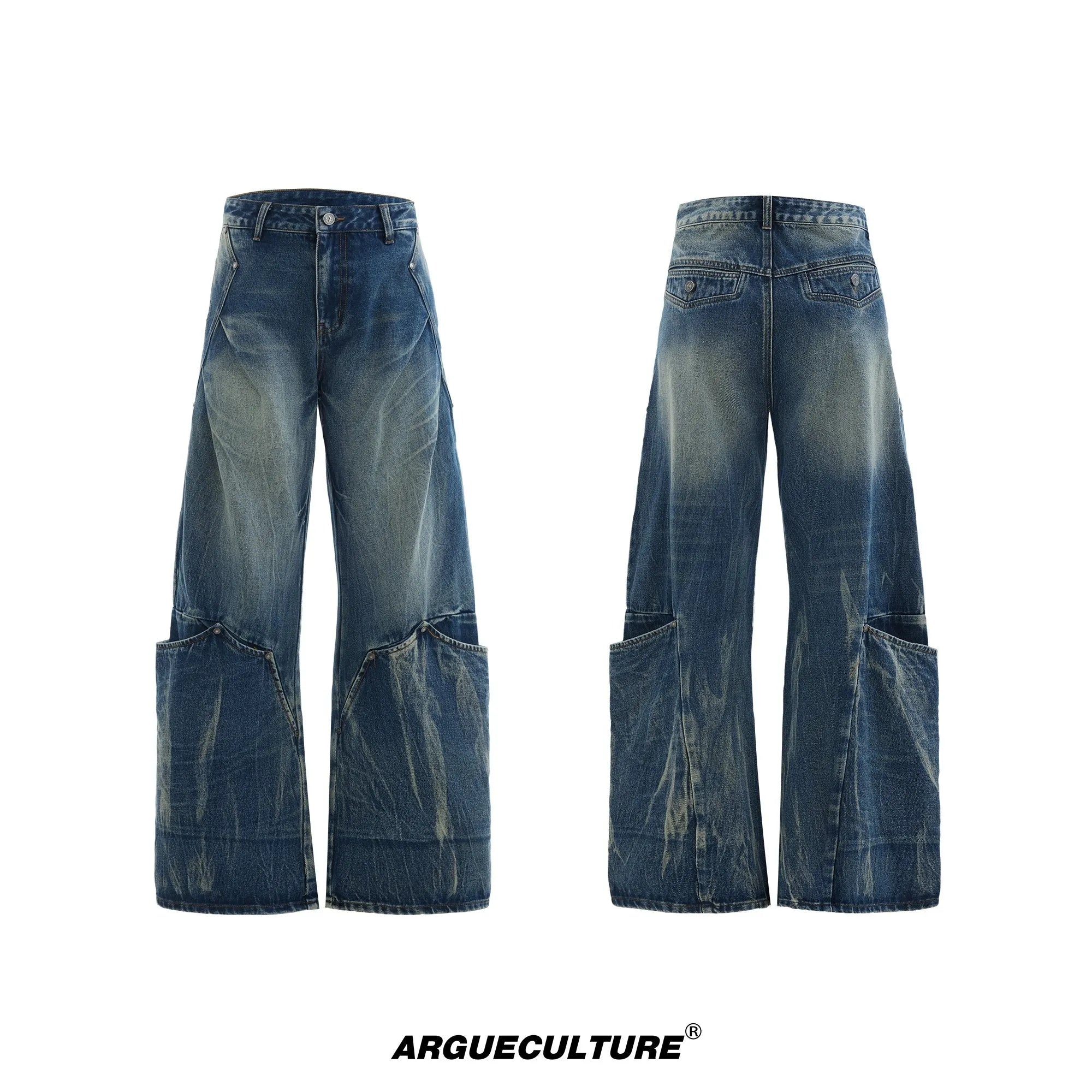 Men's verdant blue retro jeans with washed burst pattern, loose fit curved knife style