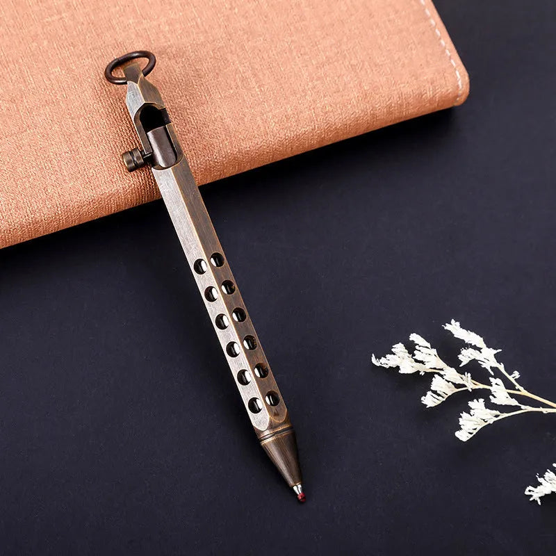 Retro brass hexagonal bolt pen with six-angle barrel design showing 13cm length and brass construction