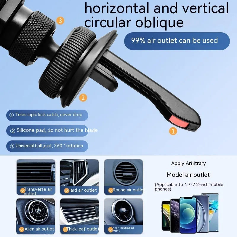 Aluminium alloy snap-on car phone holder shown in black, mounted on a car air vent.