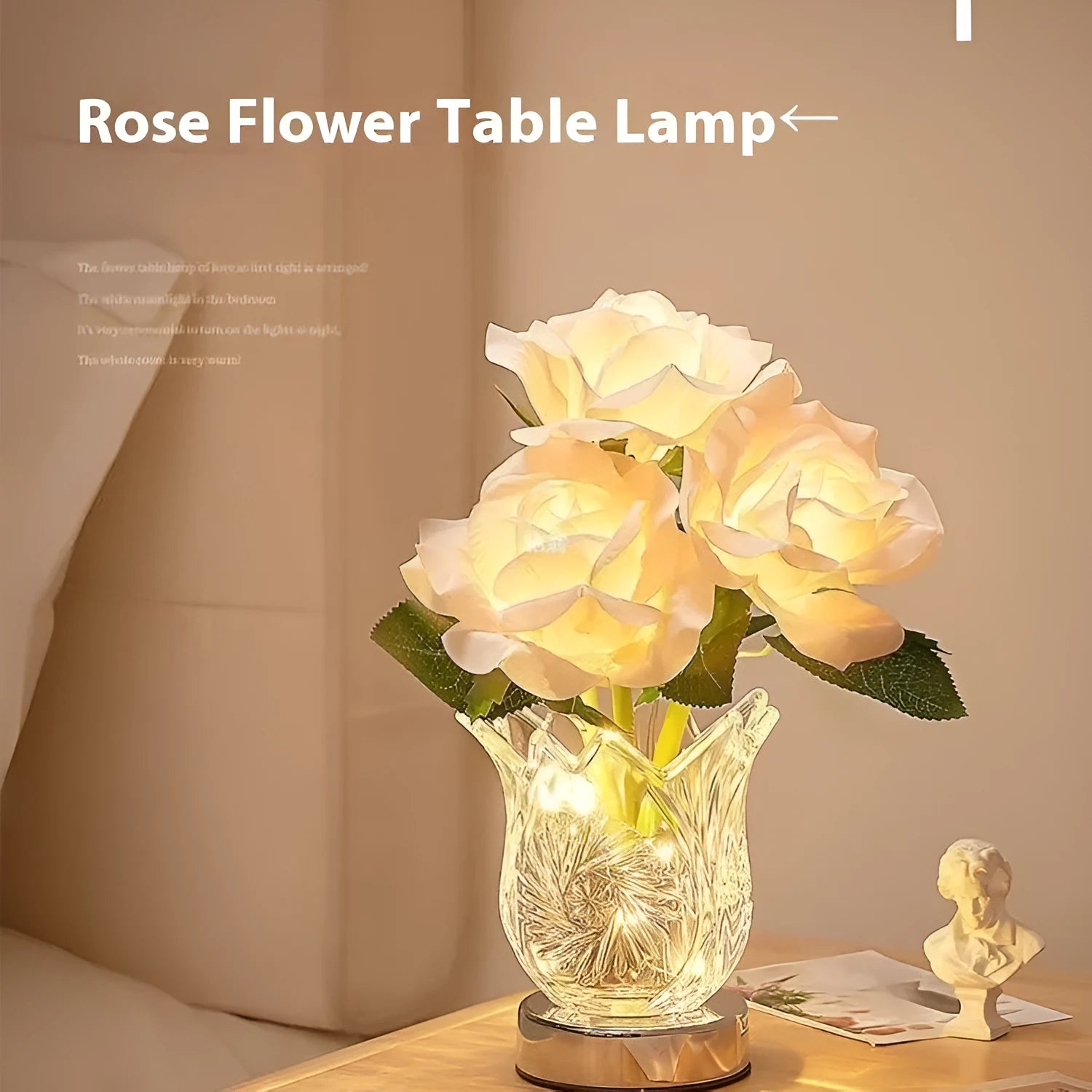 Modern crystal flowers rechargeable table lamp with touch dimming control on a wooden surface.