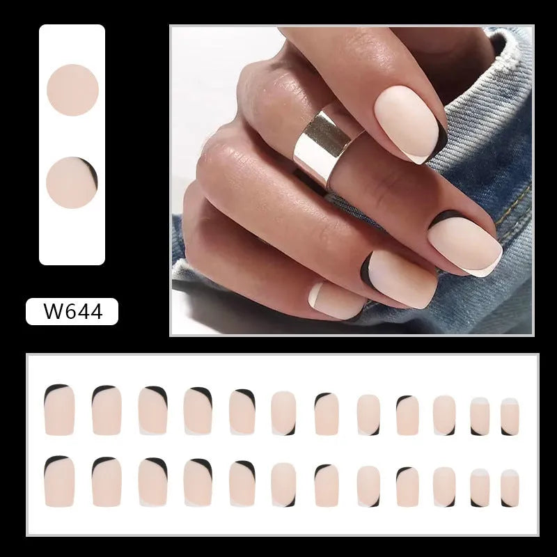 Black and white frosted artificial nail set for French manicures.