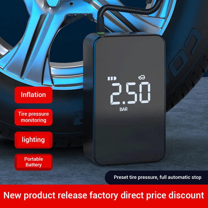 Compact wireless digital display car tyre inflator with hose and four air nozzles on a flannelette bag