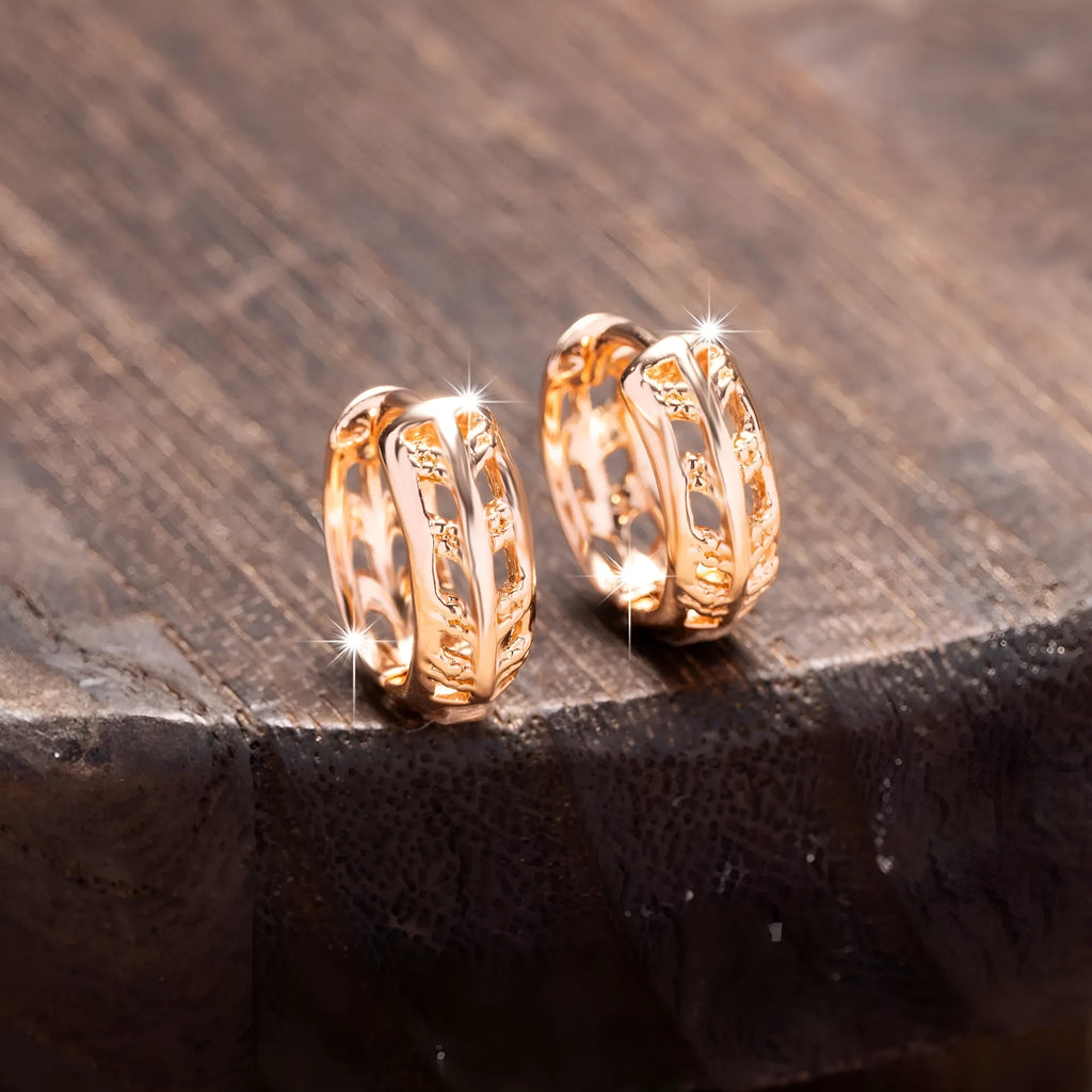 Rose gold hollowed out leaf and heart shaped copper earrings