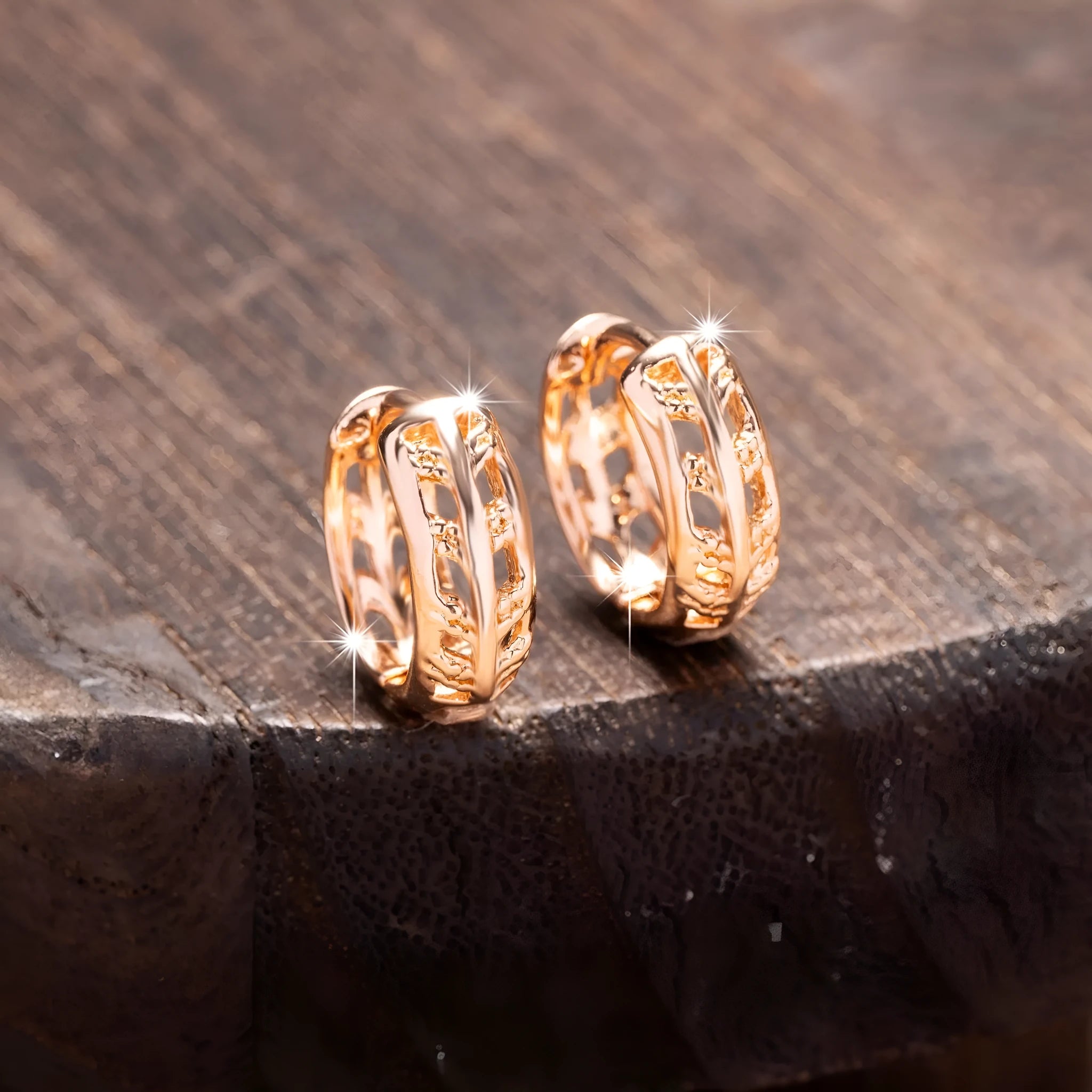 Rose gold hollowed out leaf and heart shaped copper earrings