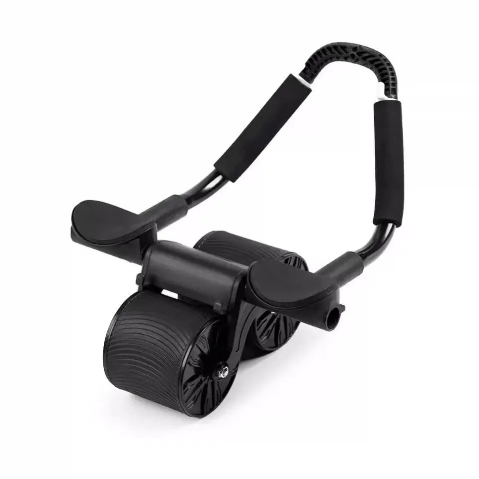 Black and blue automatic rebound abdominal exercise wheel on a matching grey blue locking edge yoga mat.