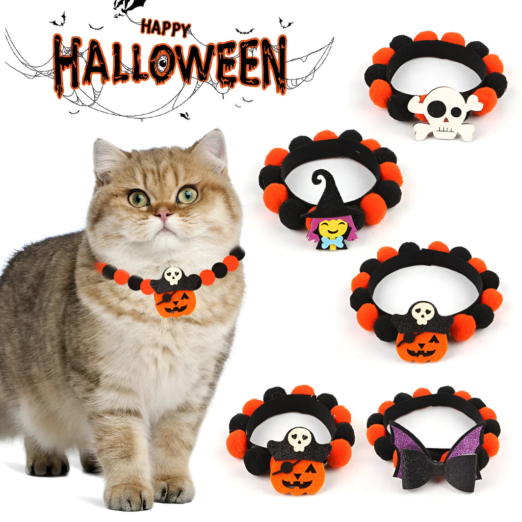 Halloween pet collar with fur ball decorations in pumpkin, skull, witch and bow designs