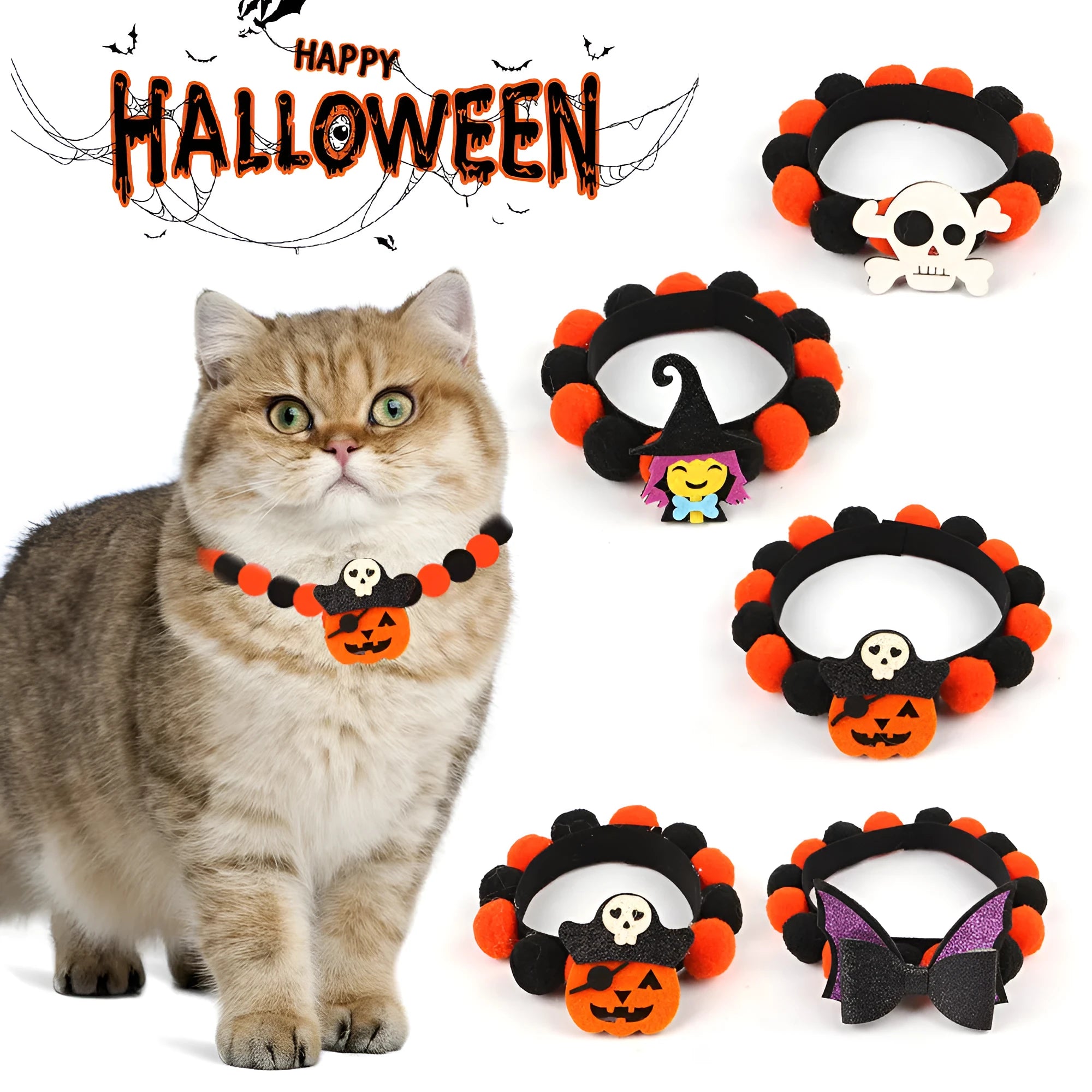 Halloween pet collar with fur ball decorations in pumpkin, skull, witch and bow designs