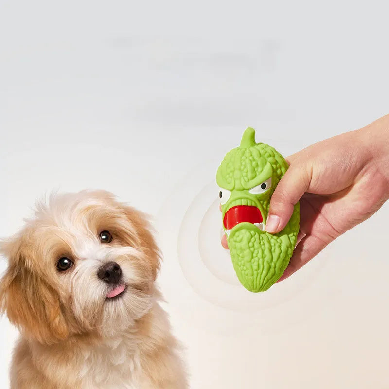 Bitter melon and chili shaped dog chew toys with textured surfaces for teeth grinding