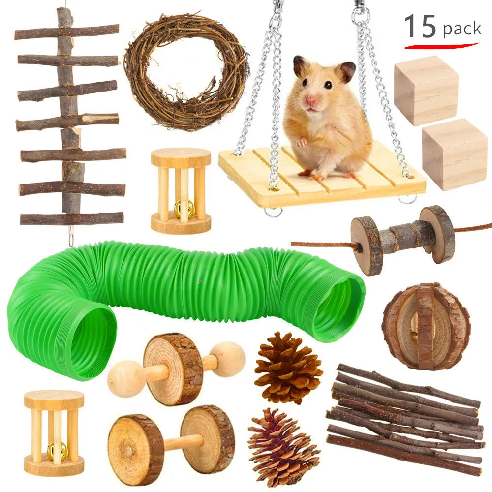 Wooden pet toy set with chewable pieces for rabbits, guinea pigs and parrots