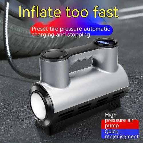 12V portable car air pump with digital display, ABS housing, and air nozzles for tire inflation