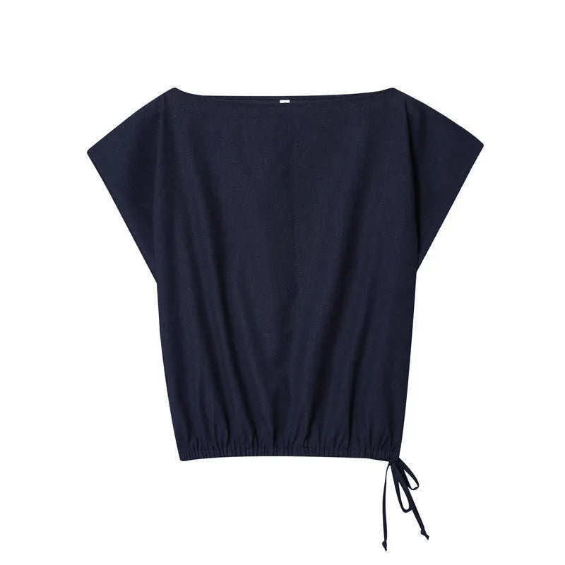 Women's linen blend two-piece set showing off-neck blouse with flounced sleeves and wide leg trousers