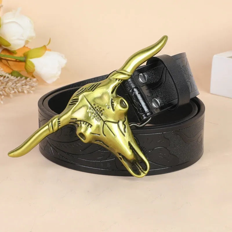 Men's black imitation leather belt with a detailed silver alloy cow head buckle and pin fastening.