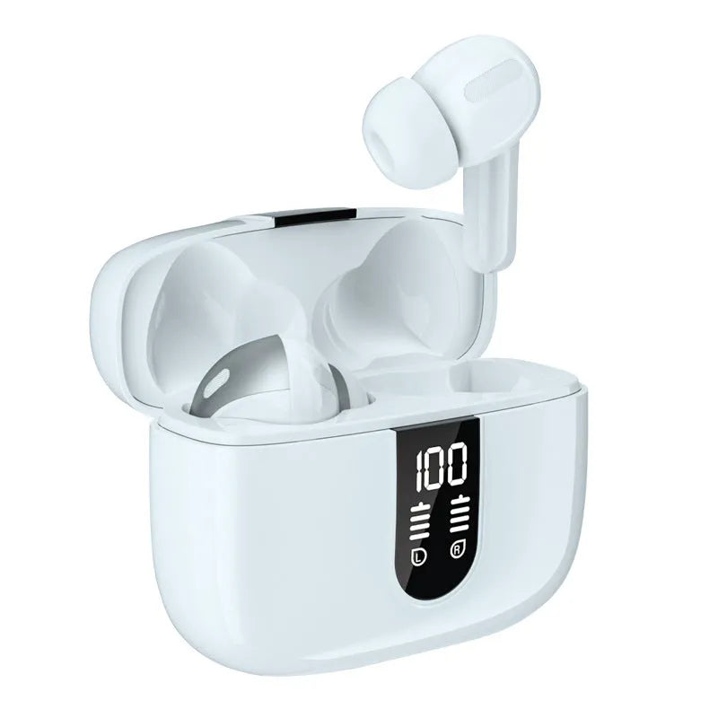 Jerry X08 wireless Bluetooth earbuds in black with digital display and charging case.