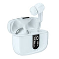 Jerry X08 wireless Bluetooth earbuds in black with digital display and charging case.