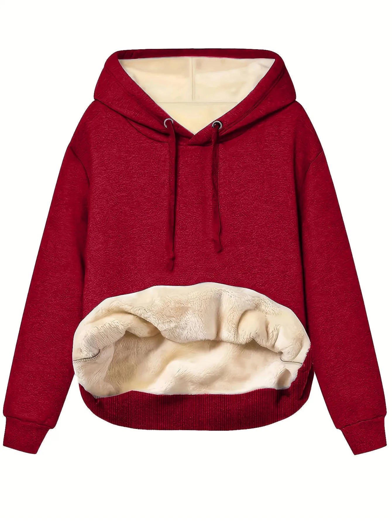 A women's loose fit hooded sweater in thick grey polyester with side pockets and long sleeves.