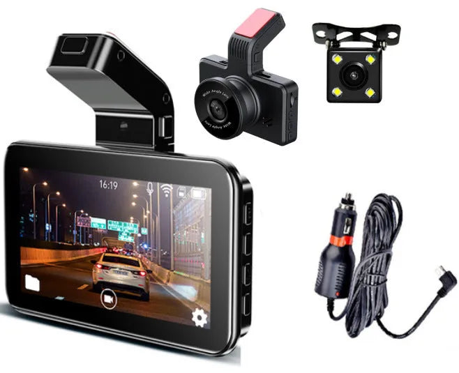 Black car DVR dash cam with a 3-inch screen and a separate camera module for dual lens recording.