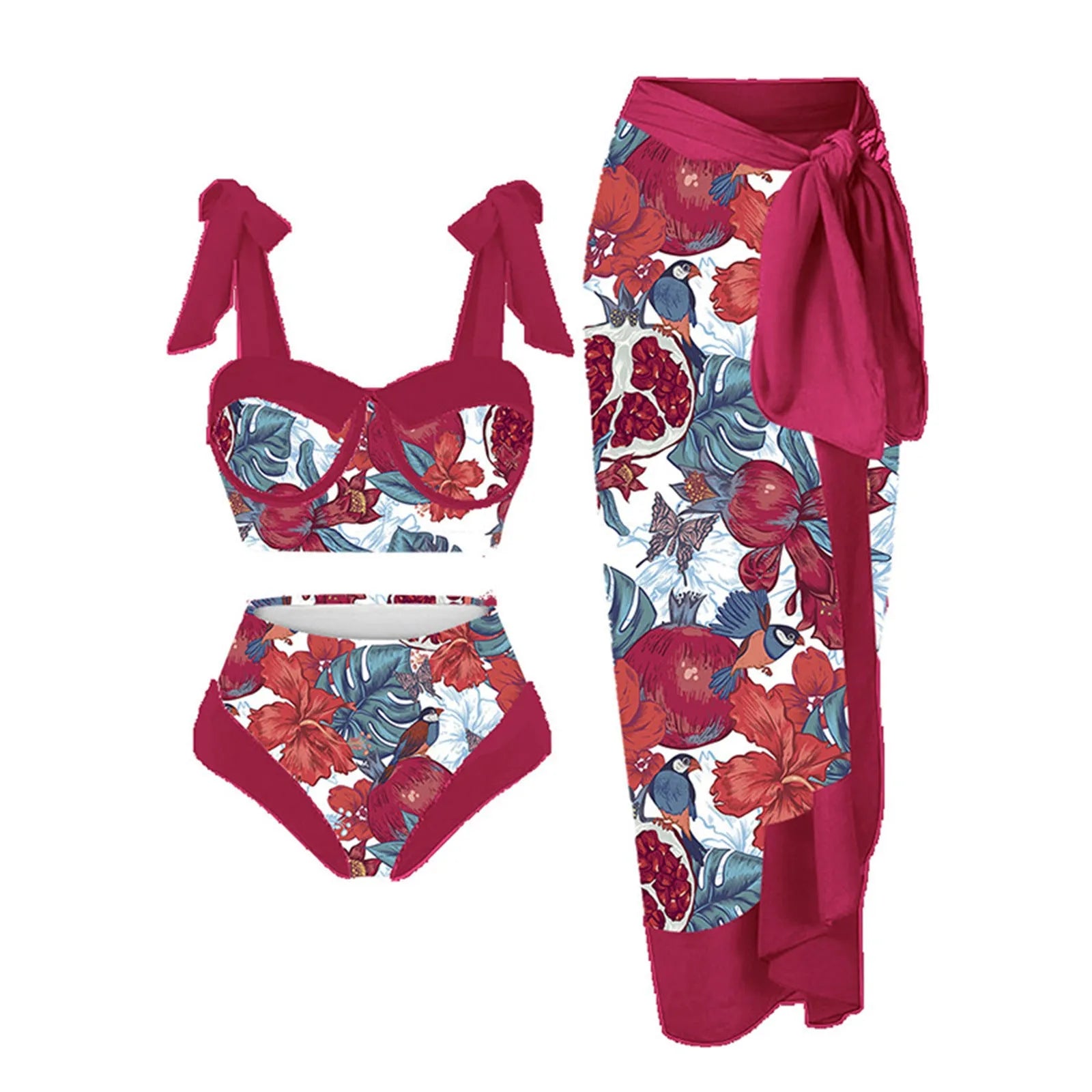 Women's printing split swimsuit three-piece set in a blue flower pattern, showing skirt, bra, and panties.