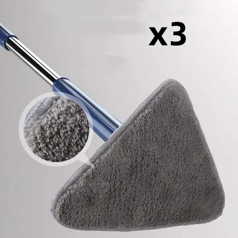 Blue triangular cleaning mop with 360-degree rotating head and adjustable stainless steel pole extended for use